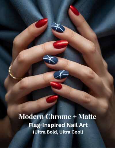Nails with red chrome polish, matte navy accents, and abstract flag-inspired white lines
