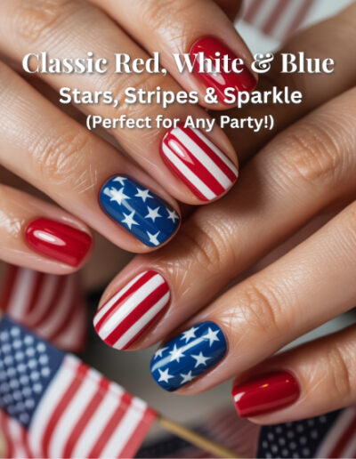 Nails with alternating stars and stripes in red, white, and blue, finished with a glossy top coat