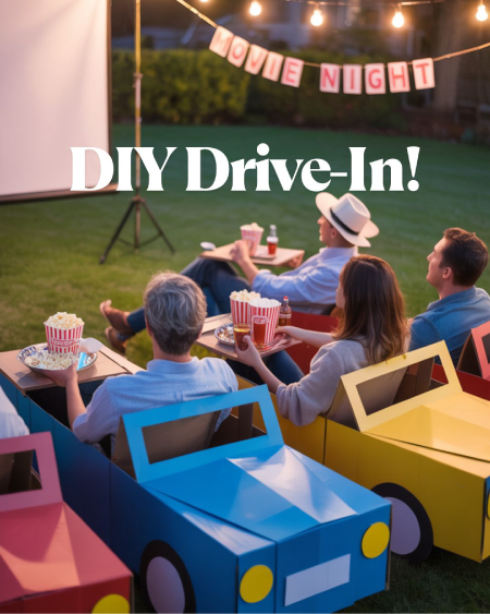 : Blankets and lawn chairs arranged in front of a large white movie screen outdoors, with snack trays, popcorn buckets, and lanterns glowing at dusk. : Blankets and lawn chairs arranged in front of a large white movie screen outdoors, with snack trays, popcorn buckets, and lanterns glowing at dusk.