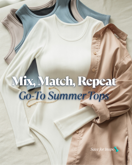 Flat lay of white fitted bodysuit, pastel crop tank top, and oversized pink button-down shirt styled on a light background. Flat lay of white fitted bodysuit, pastel crop tank top, and oversized pink button-down shirt styled on a light background.