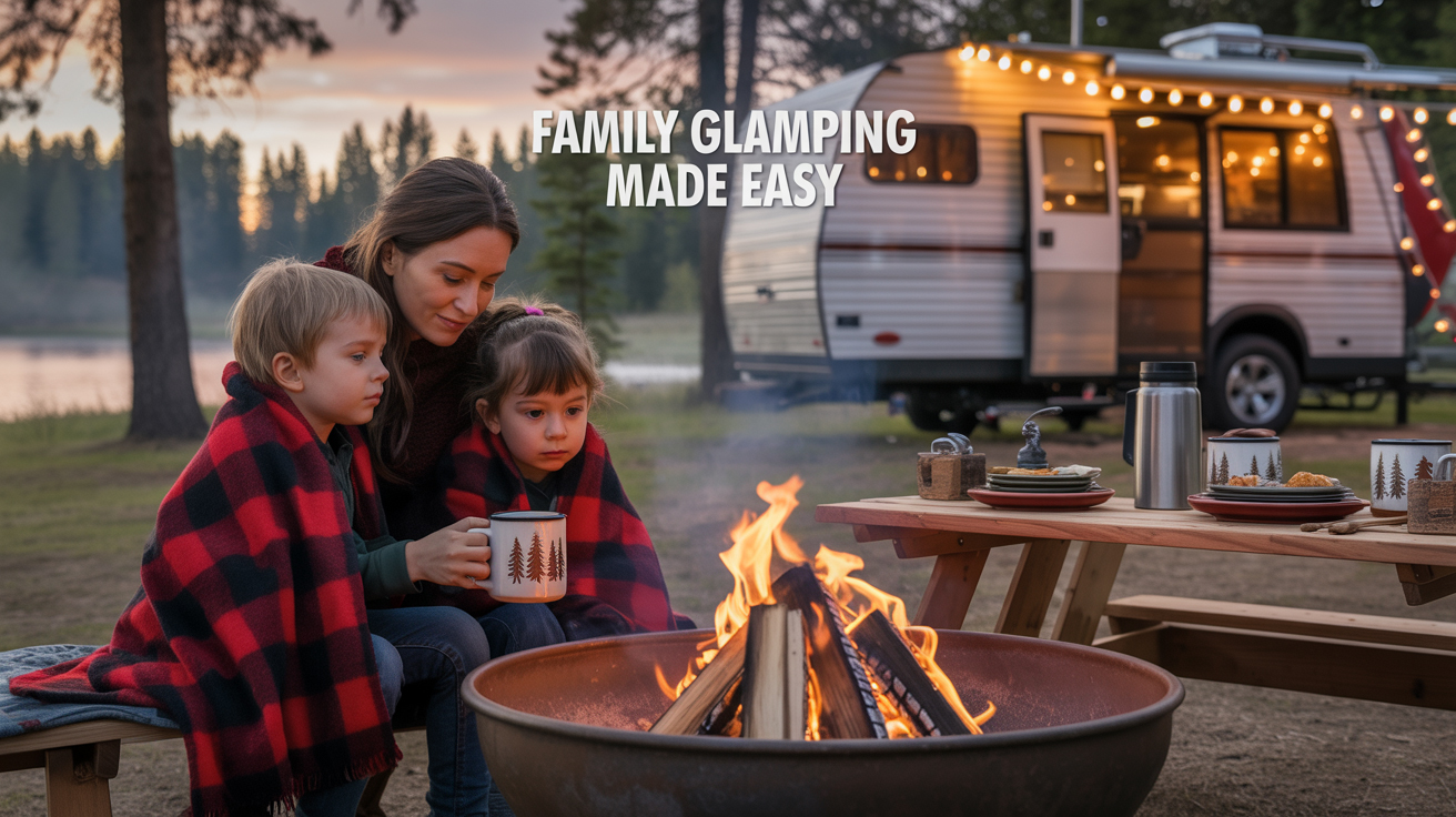 Family enjoying breakfast at a campsite with RV and fire pit at sunrise