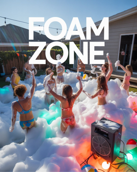 Adults dancing and laughing in a backyard filled with foam, surrounded by tropical decor, music speakers, and inflatable beach balls. Adults dancing and laughing in a backyard filled with foam, surrounded by tropical decor, music speakers, and inflatable beach balls.