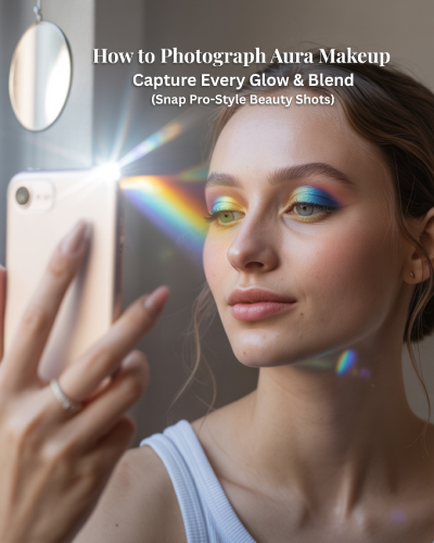 Woman taking a selfie near a window with aura eyeshadow, rainbow lighting, and glowing dewy skin