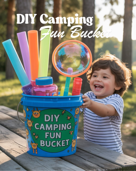 Kids' camping bucket filled with glow sticks, games, and bubbles Kids' camping bucket filled with glow sticks, games, and bubbles