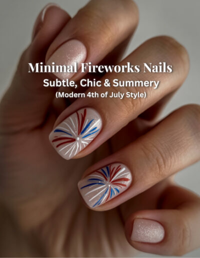 Clear-based nails with fine-line red, blue, and silver fireworks art in a minimalist style