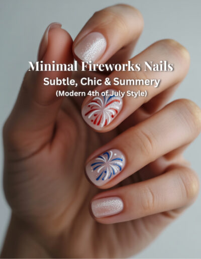 Clear-based nails with fine-line red, blue, and silver fireworks art in a minimalist style