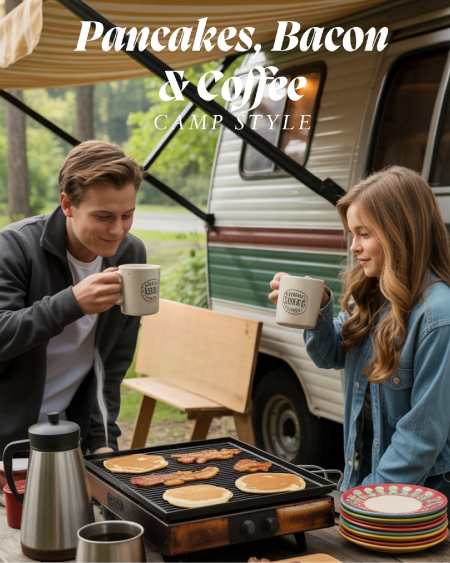 5. Outdoor breakfast setup with griddle, pancakes, bacon, and coffee makers 5. Outdoor breakfast setup with griddle, pancakes, bacon, and coffee makers