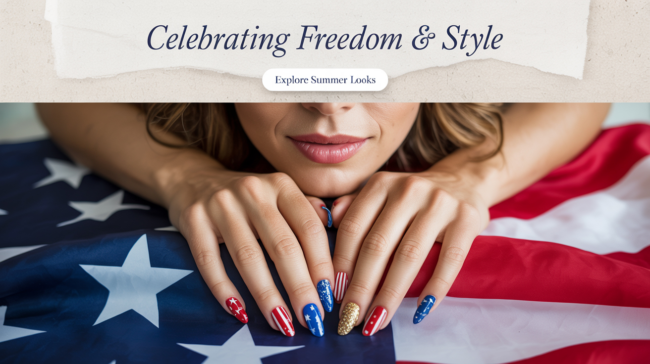 Hands with red, white, and blue patriotic nail designs resting on an American flag backdrop