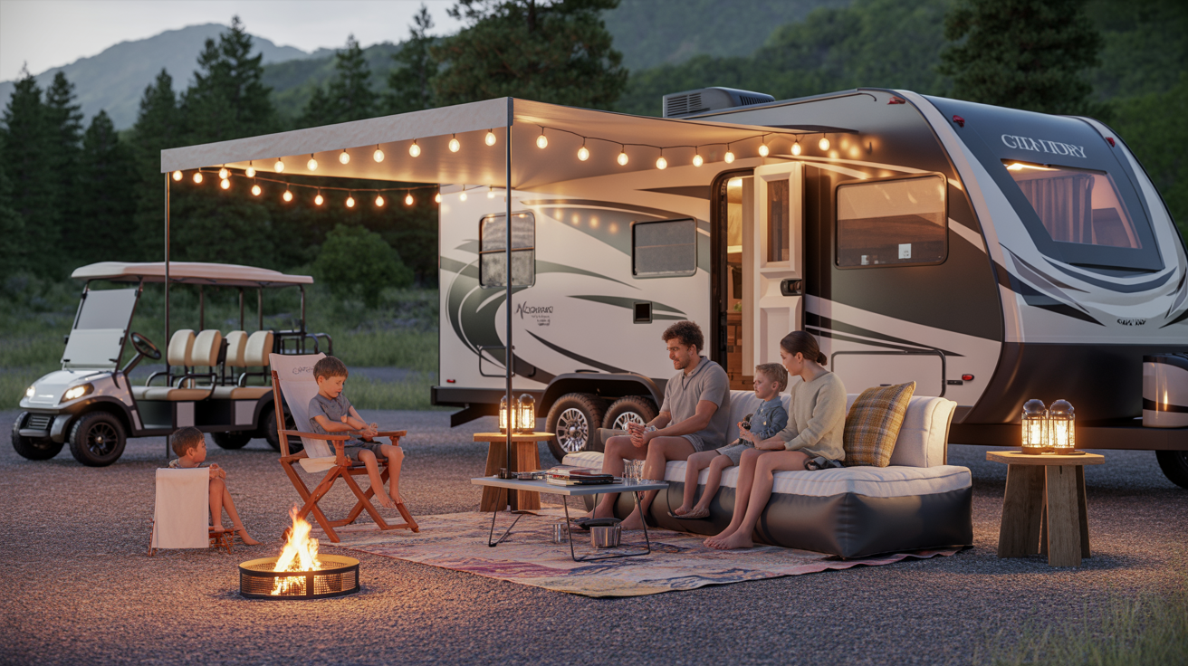 Family glamping ideas with kids at a luxury RV campsite featuring outdoor seating, string lights, inflatable couch, and cozy campfire setup