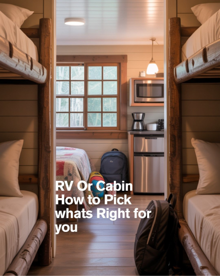 2. Cozy interior of a cabin with bunk beds and kitchen setup 2. Cozy interior of a cabin with bunk beds and kitchen setup