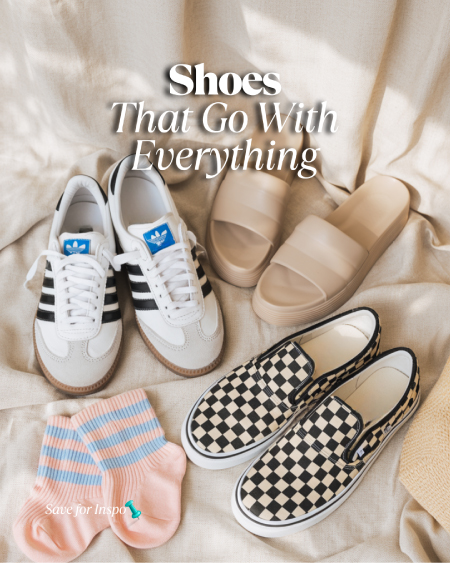 Flat lay of Adidas Samba sneakers, beige platform slide sandals, and Vans slip-ons on a soft neutral background. Flat lay of Adidas Samba sneakers, beige platform slide sandals, and Vans slip-ons on a soft neutral background.