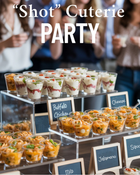 A stylish table display featuring mini charcuterie cups and creative shot glass arrangements, with friends sampling and toasting around it. A stylish table display featuring mini charcuterie cups and creative shot glass arrangements, with friends sampling and toasting around it.
