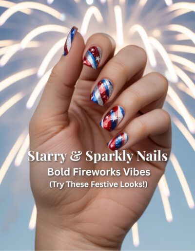 Coffin-shaped nails with glitter polish, chrome shimmer, and hand-painted silver stars