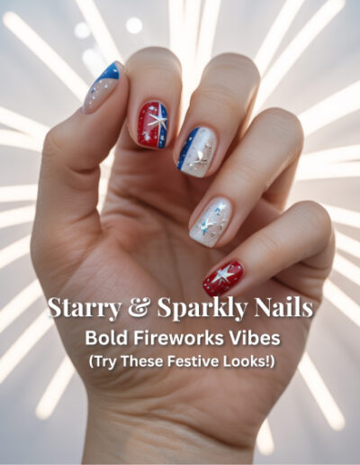 Coffin-shaped nails with glitter polish, chrome shimmer, and hand-painted silver stars