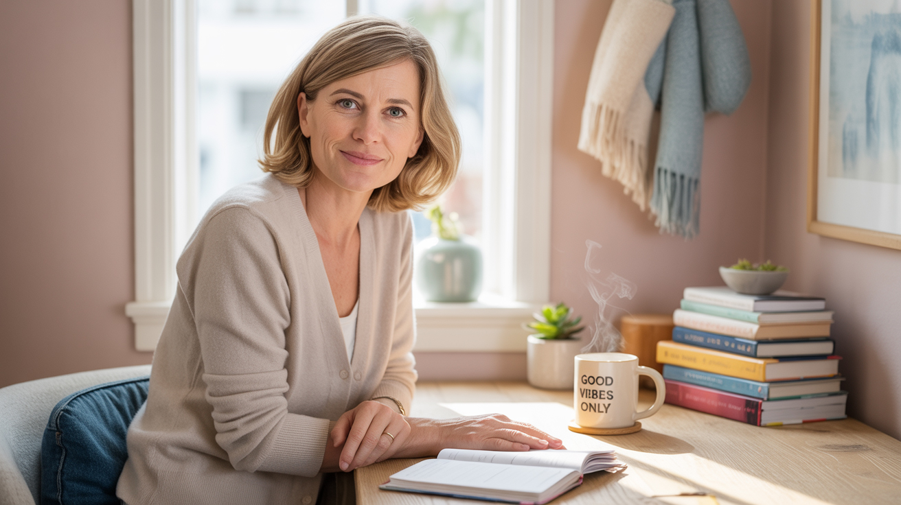 Woman working on laptop at home with coffee mug and planner, representing time freedom and digital income