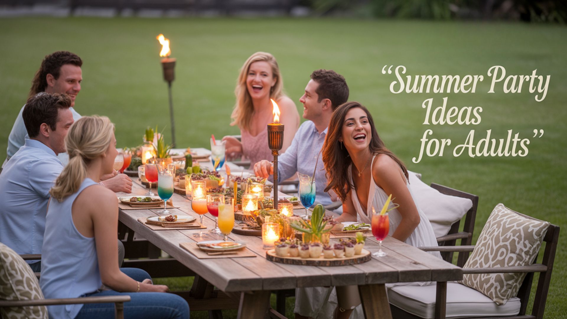 A festive mix of summer party decorations including flamingos, fruit drinks, leis, and party lights arranged around a backyard setting.