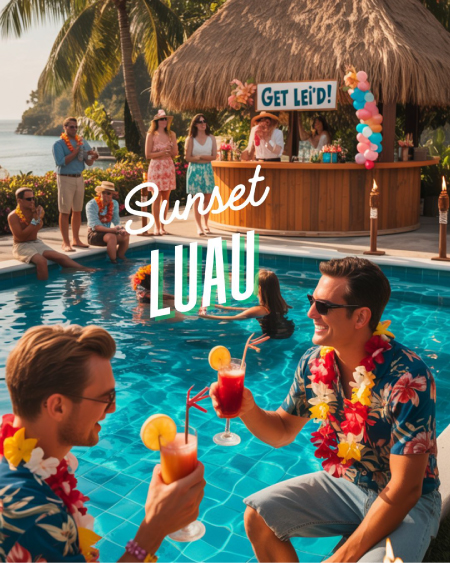Guests in Hawaiian shirts and leis gathered for a luau at sunset, with tiki torches, pineapple drinks, and a hula dancing area. Guests in Hawaiian shirts and leis gathered for a luau at sunset, with tiki torches, pineapple drinks, and a hula dancing area.