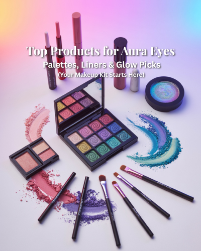 Flat lay of bright eyeshadow palettes, shimmer singles, colorful gel liners, and blending brushes on a pastel background.”