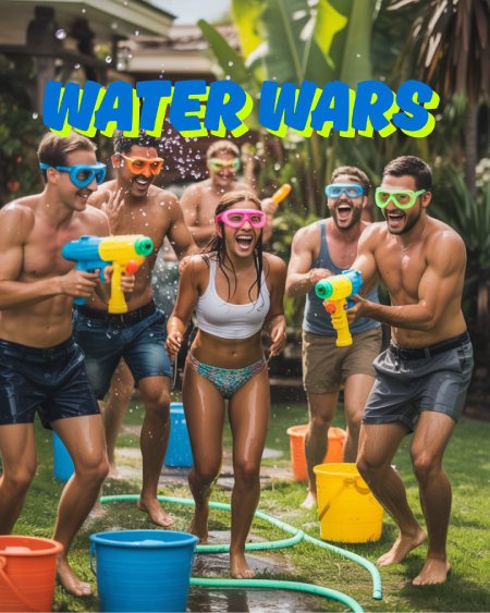 A lively summer water battle with adults using water guns and balloons, surrounded by colorful buckets and wet grass under bright sunshine. A lively summer water battle with adults using water guns and balloons, surrounded by colorful buckets and wet grass under bright sunshine.