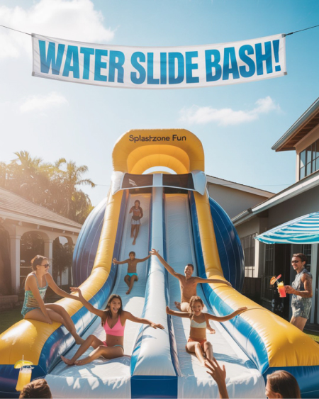An oversized inflatable waterslide set up in a backyard, with adults taking turns sliding, splashing into a pool, and cheering from the lawn. An oversized inflatable waterslide set up in a backyard, with adults taking turns sliding, splashing into a pool, and cheering from the lawn.