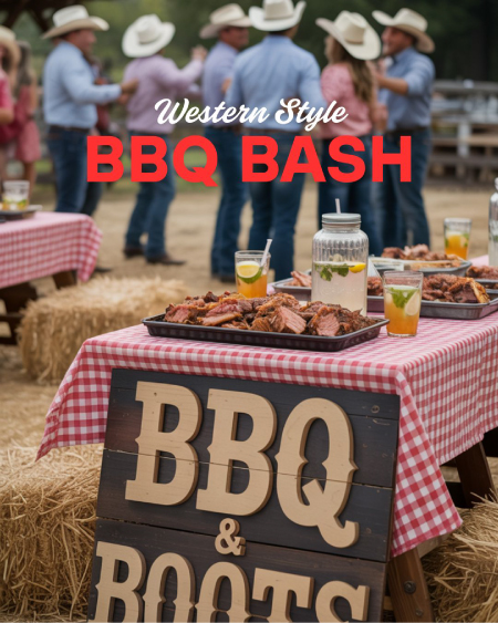 A rustic backyard BBQ setup with red gingham tablecloths, cowboy hats, mason jar drinks, and a smoky grill in the background. Guests in denim and boots are enjoying BBQ ribs, cornbread, and live country music under string lights. A rustic backyard BBQ setup with red gingham tablecloths, cowboy hats, mason jar drinks, and a smoky grill in the background. Guests in denim and boots are enjoying BBQ ribs, cornbread, and live country music under string lights.