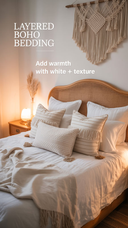 Boho bedroom with layered white bedding, woven throw pillows, and large macramé wall hanging above rattan headboard.