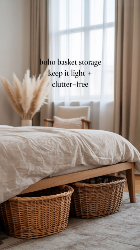 Boho bedroom with two large rattan baskets under the bed and one beside a low chair, filled with rolled throws.