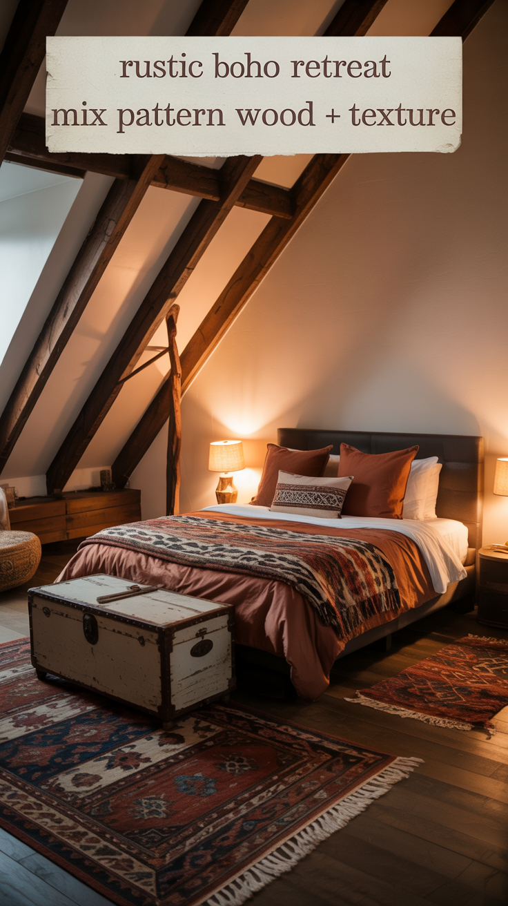 Rustic boho loft bedroom with ceiling beams, patterned bedding, and layered rugs on wood floor.