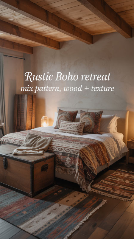Rustic boho loft bedroom with ceiling beams, patterned bedding, and layered rugs on wood floor.