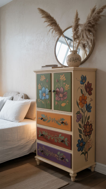 Narrow vintage dresser in boho bedroom with rattan mirror and ceramic vase of pampas grass on top.