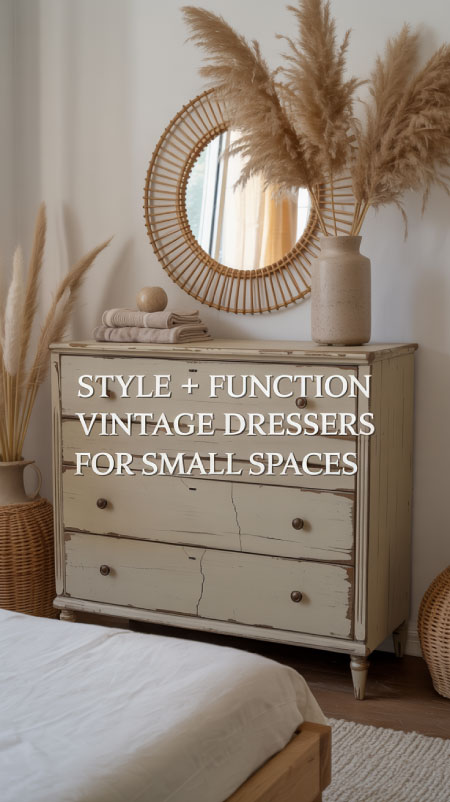 Narrow vintage dresser in boho bedroom with rattan mirror and ceramic vase of pampas grass on top.