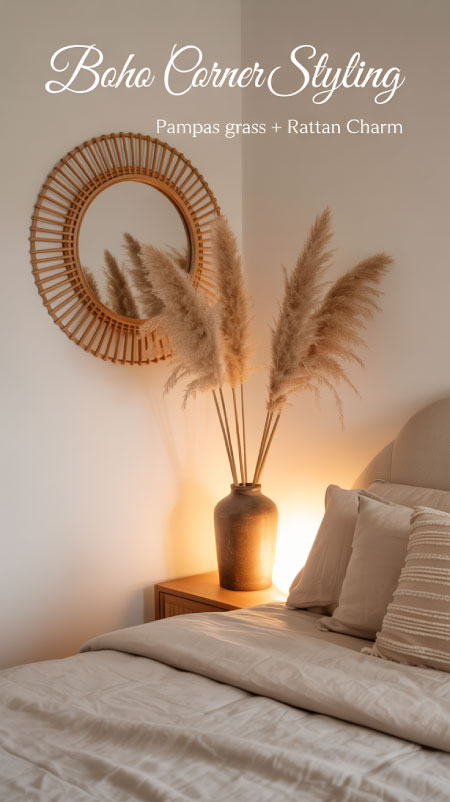 Corner of boho bedroom with pampas grass in a beige ceramic vase beside a large round rattan mirror and textured bedding.