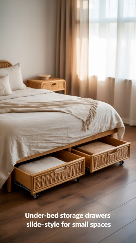 If a vintage trunk feels too bulky or hard to find, opt for under-bed storage drawers with wheels for a sleeker and more realistic solution. Look for drawers made from natural wood or woven materials to keep your boho bedroom feeling warm and intentional. They’re perfect for storing shoes, linens, or off-season clothes—without cluttering up your space.