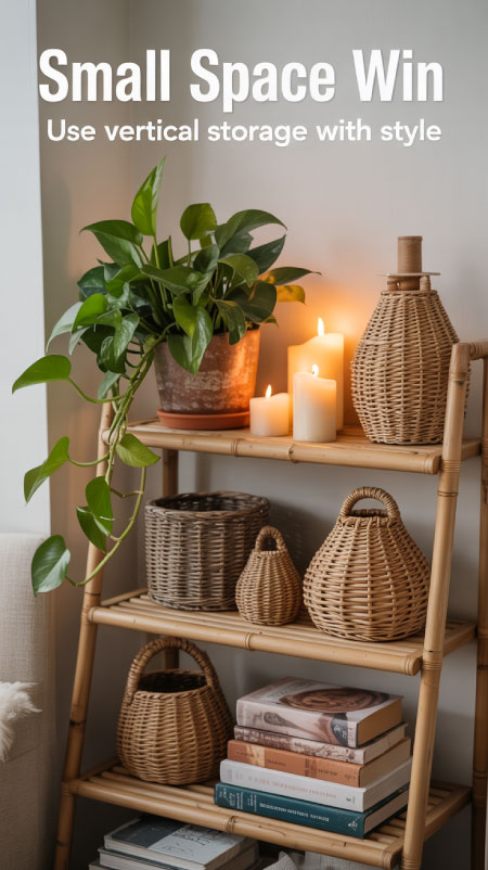 Natural wood ladder shelf leaning against wall with boho accessories, plants, and baskets on each tier.