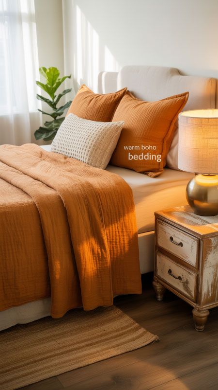 Boho bed with burnt orange duvet, waffle knit throw, and brass nightstand lamp under soft lighting.