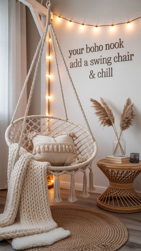 Hanging chair in boho bedroom corner with throw blanket, fringe pillow, and hanging pendant light.