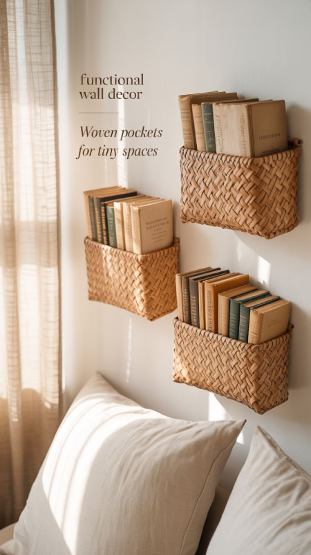 Small bedroom wall with natural woven wall pockets hanging beside the bed and filled with books and journals.