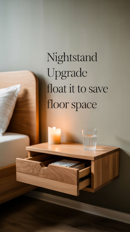 Boho bedroom with wood floating nightstand mounted to wall, holding a candle, glass of water, and small plant.