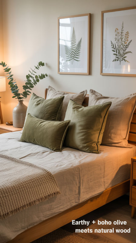 Olive green boho bedroom with wooden dresser, botanical prints, and leafy indoor plant beside soft bedding.