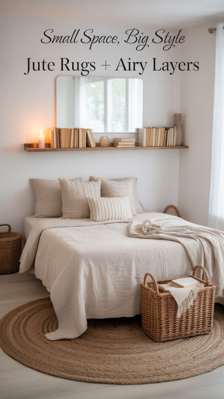Small boho bedroom with jute rug, light bedding, wall shelf with candle, and wicker storage basket