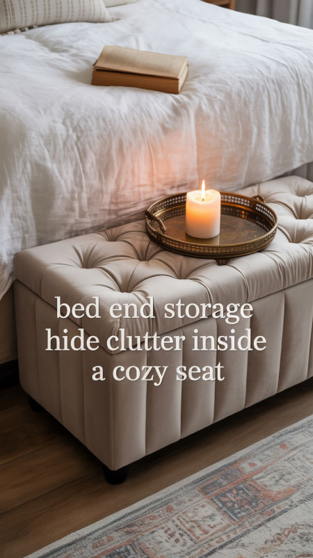 Boho bedroom with a tufted beige ottoman at the foot of the bed, styled with a folded throw and tray.