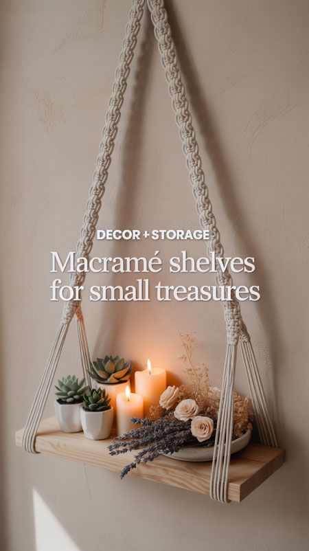 Macramé shelf hanging from wall with small plants, books, and decorative objects in a boho bedroom.