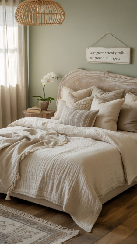 Boho bedroom with sage green painted walls, neutral bedding, and rattan light fixture hanging above the bed.