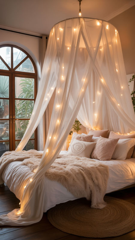 Bed with sheer white canopy drapes, fairy lights, and layered boho pillows in a calm neutral palette.