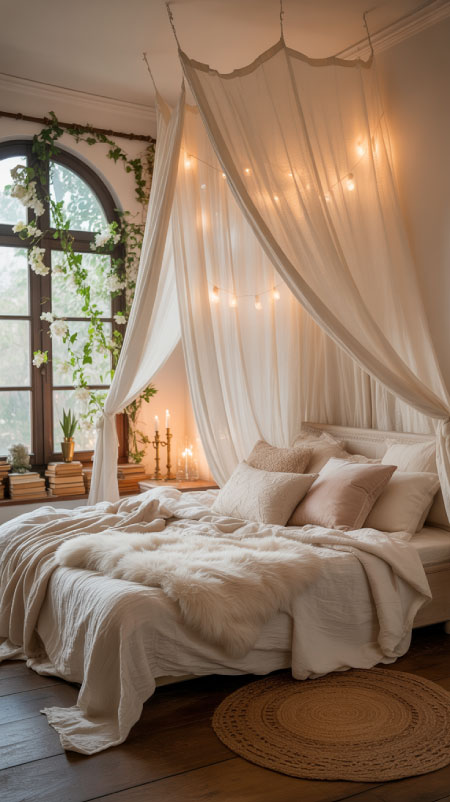Bed with sheer white canopy drapes, fairy lights, and layered boho pillows in a calm neutral palette.