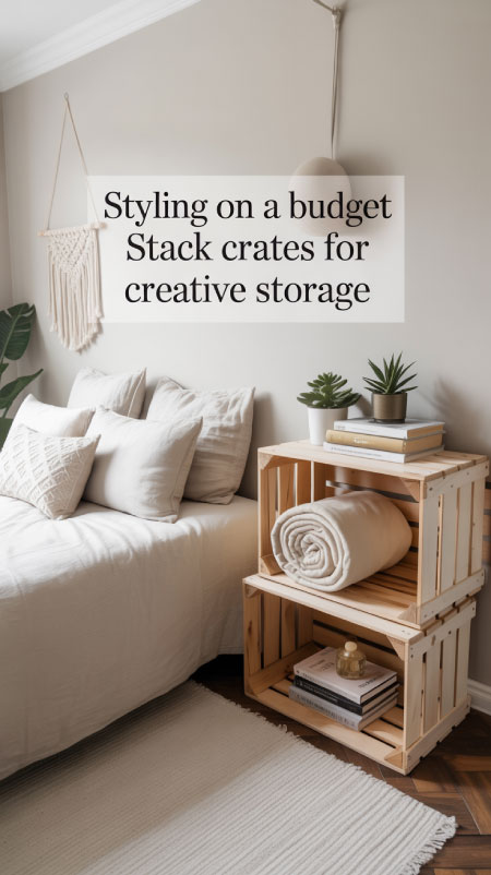 Two whitewashed wooden crates stacked beside bed with books and blanket tucked inside each.