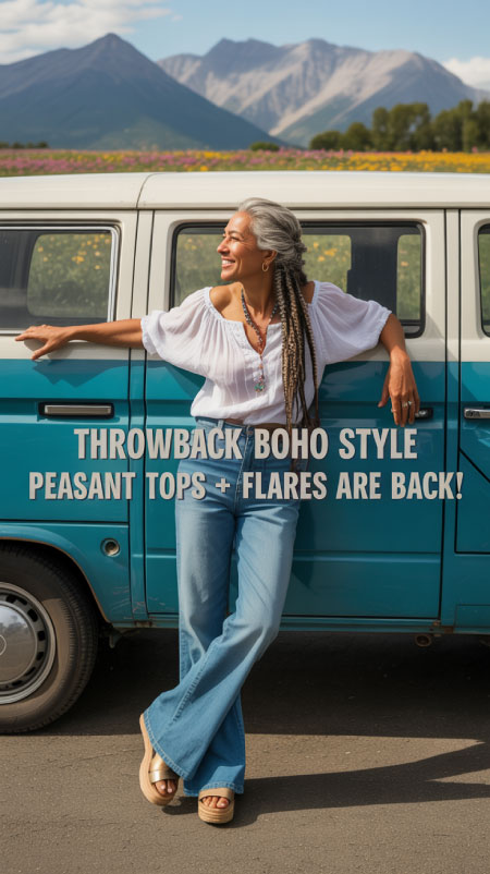 Woman in flared jeans and white embroidered peasant top near a retro van.