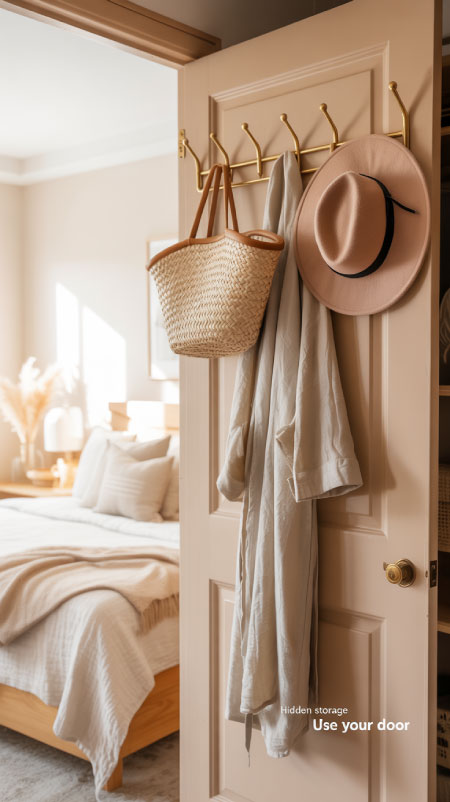 Boho bedroom door with brass over-the-door hooks holding robe, straw bag, and hat.