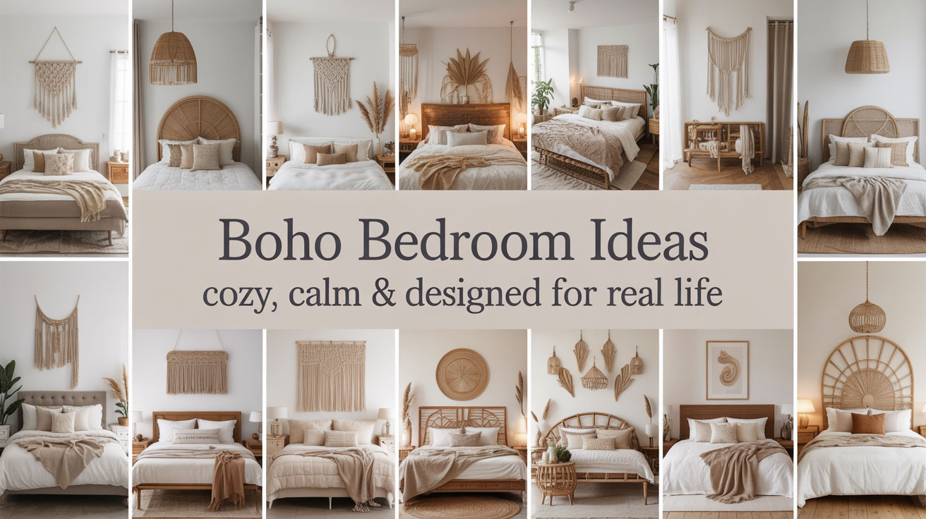 Pinterest-style collage of boho bedroom ideas featuring 10 unique designs, including neutral color palettes, macramé wall hangings, rattan furniture, layered textiles, and ambient lighting. Styled for small spaces, minimalist homes, and cozy boho bedrooms with Amazon-friendly decor. Earth tones, natural textures, and relaxing vibes throughout.