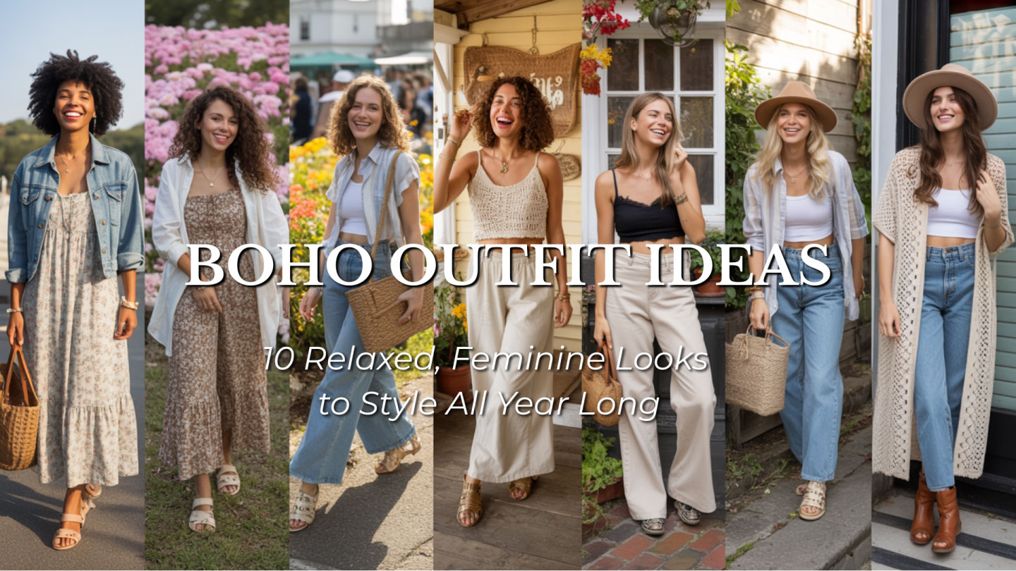 Boho outfit inspiration collage showcasing 10 diverse women of varying ages, sizes, and ethnicities in seasonal bohemian outfits. Styles include floral maxi dresses, wide-leg pants, fringe cardigans, jumpsuits, and two-piece summer sets. Each look is accessorized with hats, bags, or jewelry and set in natural outdoor backdrops. Inclusive representation of modern boho style for everyday women.
